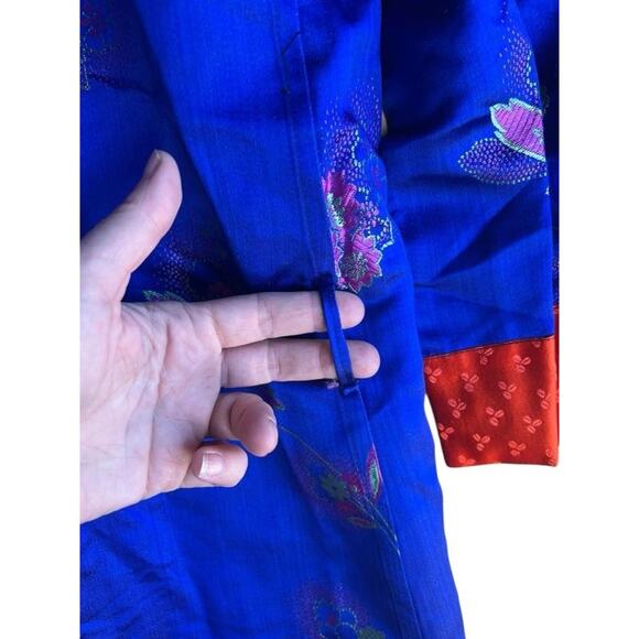 Vintage Men's Silk? Satin Robe Floral Brocade Blue Size LARGE with 3 Pockets - Picture 4 of 9